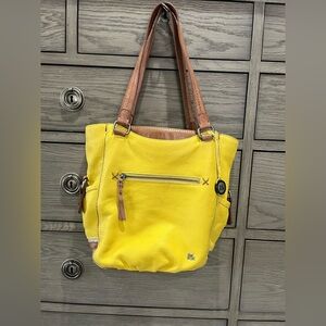 The Sak Hobo Shoulder Bag Purse, Yellow Mustard & Tan Pebbled Handbag, Pockets